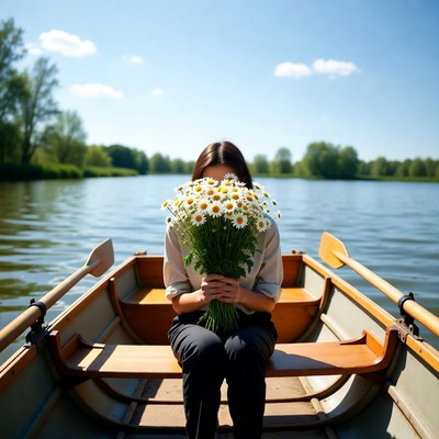 Woman holding daisies in rowboat