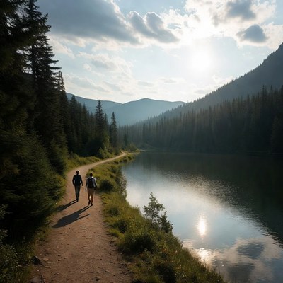 Couple hiking trail by mountain lake