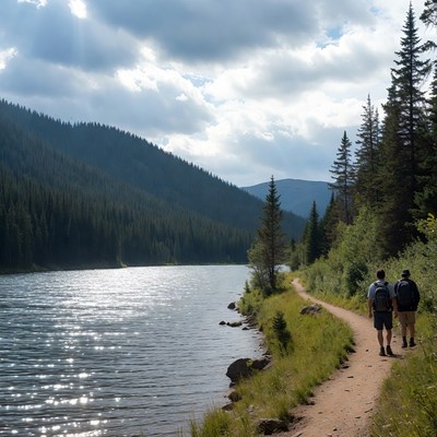 Two hikers walking mountain lake trail