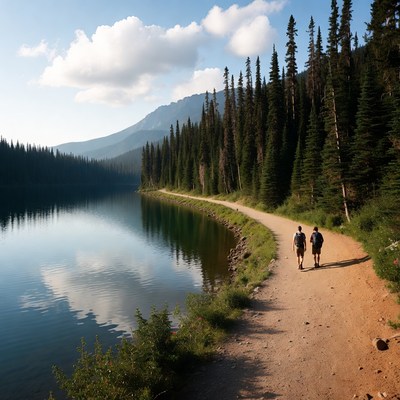 Two hikers walking trail by lake