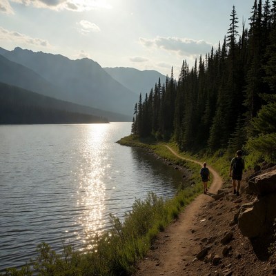 Two hikers on mountain lake trail