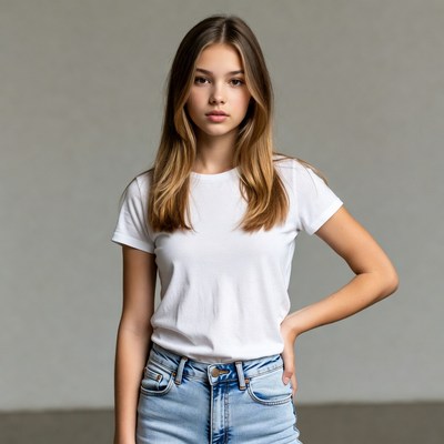 Teen girl in white t-shirt and jeans