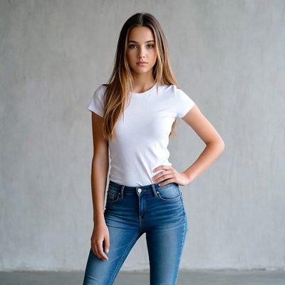 Teen girl in white t-shirt and jeans