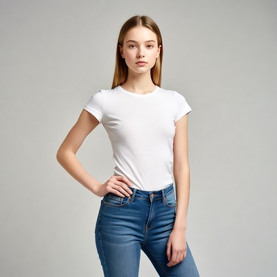 Young woman in white t-shirt and jeans