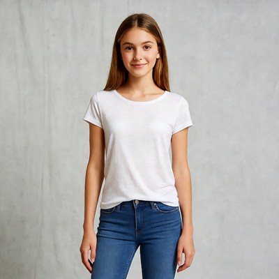 Teen girl in white t-shirt and jeans