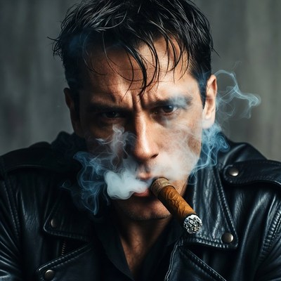 Man smoking cigar in leather jacket