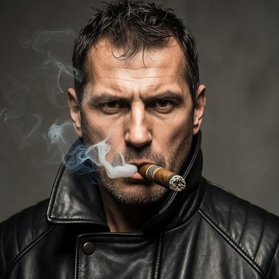 Man smoking cigar in leather jacket