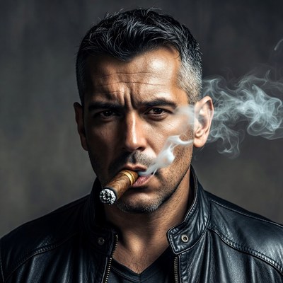 Man smoking cigar in leather jacket