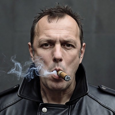 Man smoking cigar in leather jacket