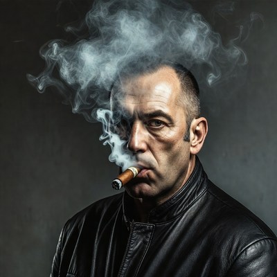 Man smoking cigar in leather jacket