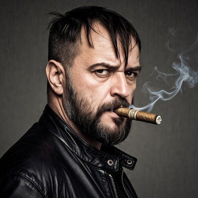 Man smoking cigar in leather jacket