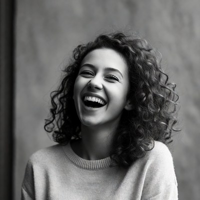 Young woman laughing with curly hair
