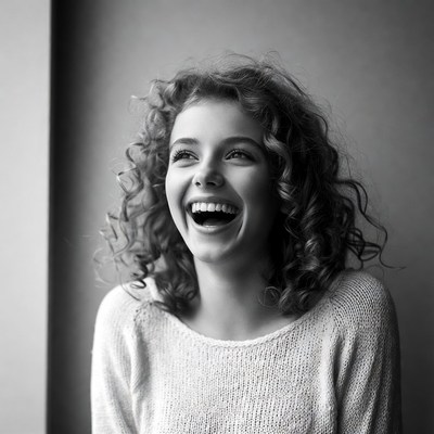 Young woman laughing with curly hair