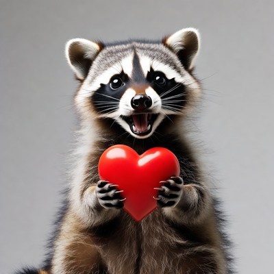 Raccoon holding red heart