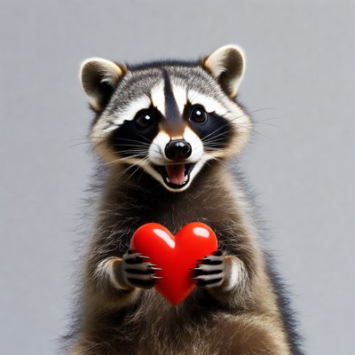 Raccoon holding red heart