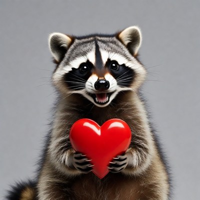 Raccoon holding red heart