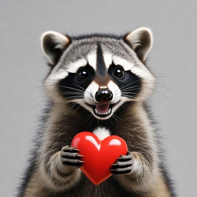 Cute raccoon holding red heart