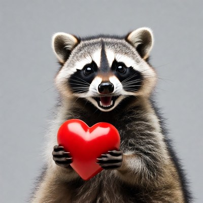 Raccoon holding red heart