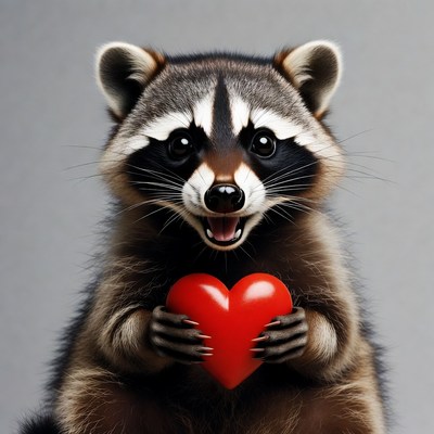 Cute raccoon holding red heart