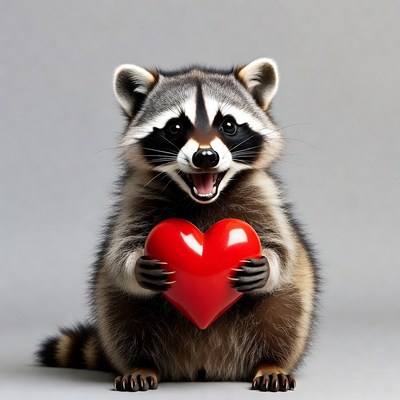 Raccoon holding red heart