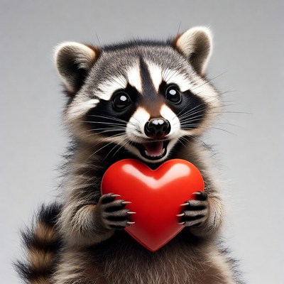 Cute raccoon holding red heart