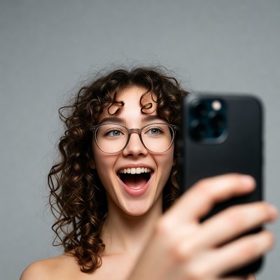 Smiling woman taking selfie with iPhone