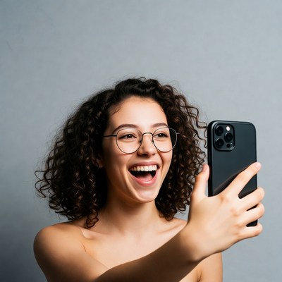 Nude woman taking selfie with iPhone