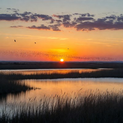 Sunset over marsh with flying birds
