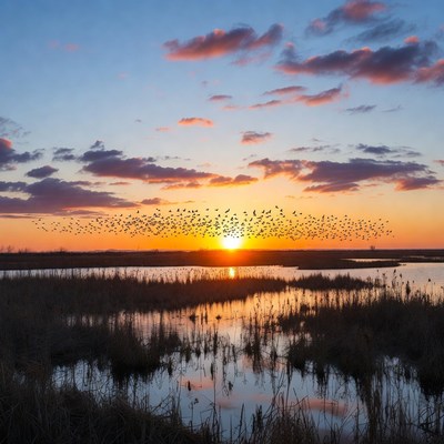 Birds Flying Over Marsh at Sunset
