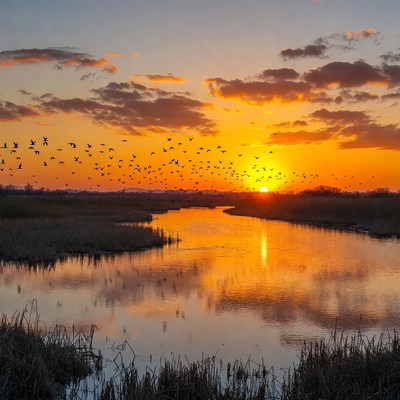 Geese Flying Over Marsh at Sunset