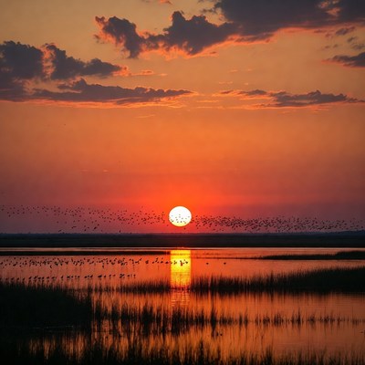 Sunset over wetland with birds