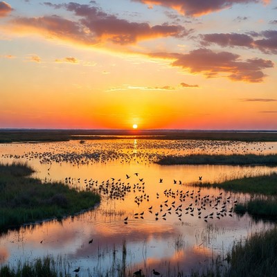Sunset over wetland with birds