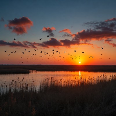 Birds Flying Over Sunset Marsh