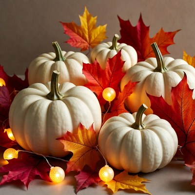 White Pumpkins with Fall Leaves