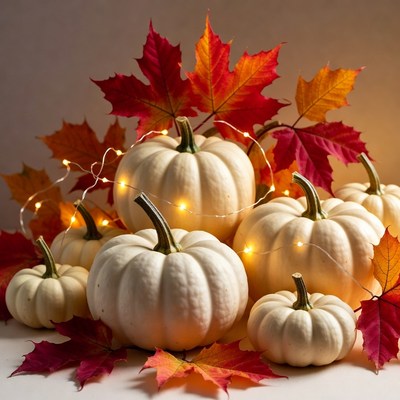 White Pumpkins with Red Autumn Leaves