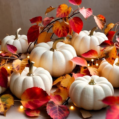 White Pumpkins with Autumn Leaves