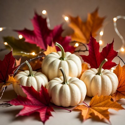 White Pumpkins with Autumn Leaves
