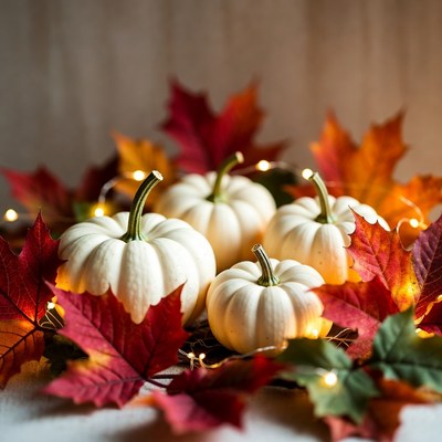 White Pumpkins with Red Leaves and Lights