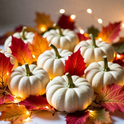 White Pumpkins with Fall Leaves