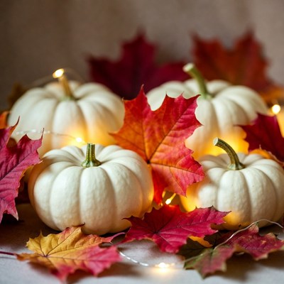 White Pumpkins with Red Autumn Leaves