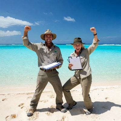 Excited Male Female Safari Guides Beach