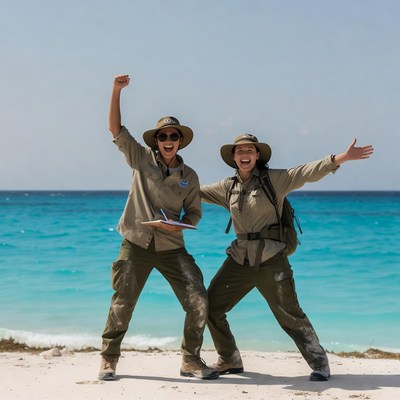 Two women rangers celebrating on beach