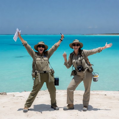 Two women safari guides turquoise beach