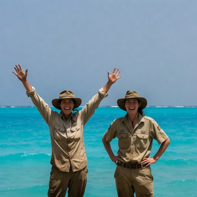 Two women in khaki uniforms by turquoise ocean