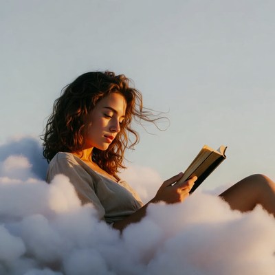 Woman reading book on clouds