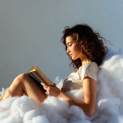 Woman reading book on clouds