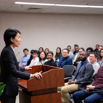 Asian woman speaking at podium