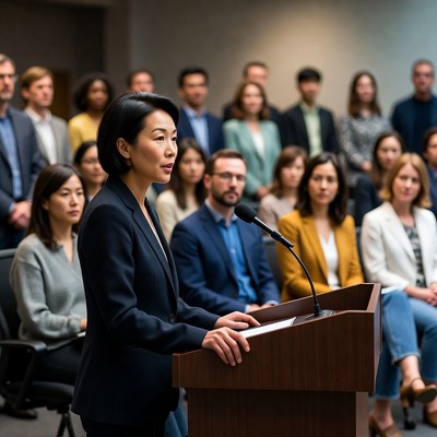 Asian woman speaking at podium