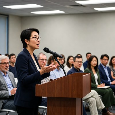 Asian woman speaking at podium