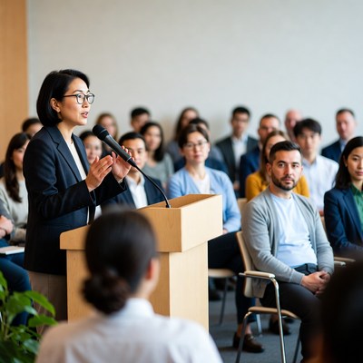 Asian woman speaking at podium